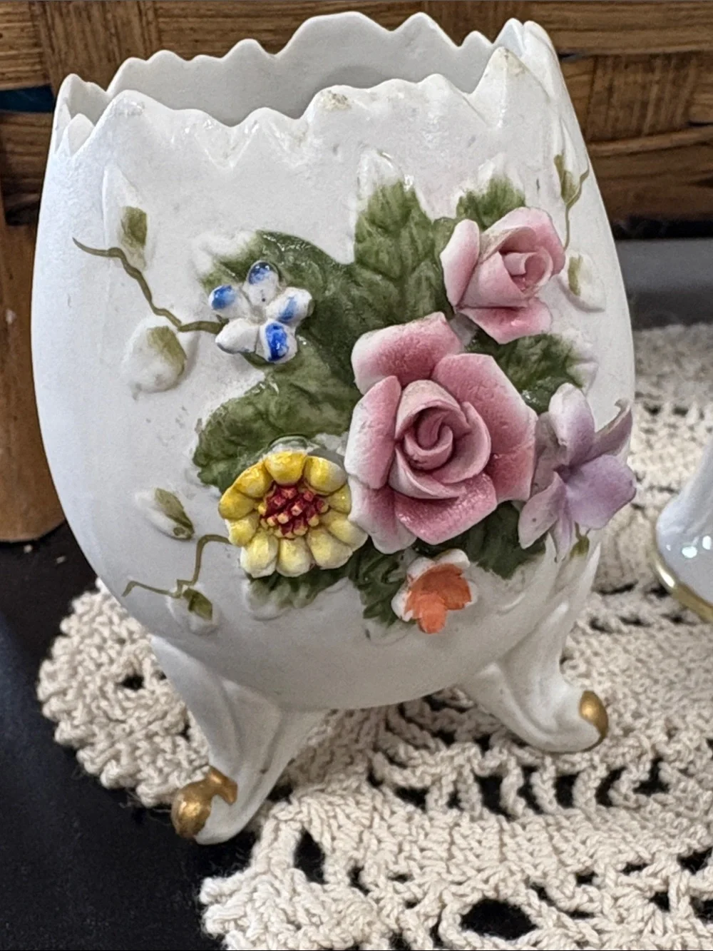 Vintage Ceramic Floral Egg vases and Nippon hat pin holder